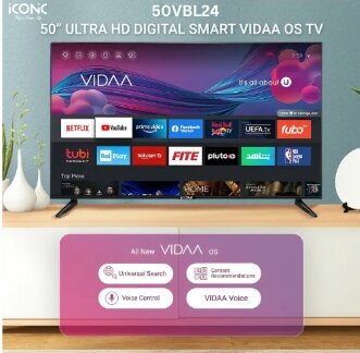 ICONIC LED TV 50" Smart 4K UHD 50VBL24- VIDAA TV-2GB RAM (DDR3) & 32GB ROM - Certified VIDAA Smart + 4K+ Bezel-less LED - 1 Years Official Warranty - (NEW MODEL) Good & Best Price