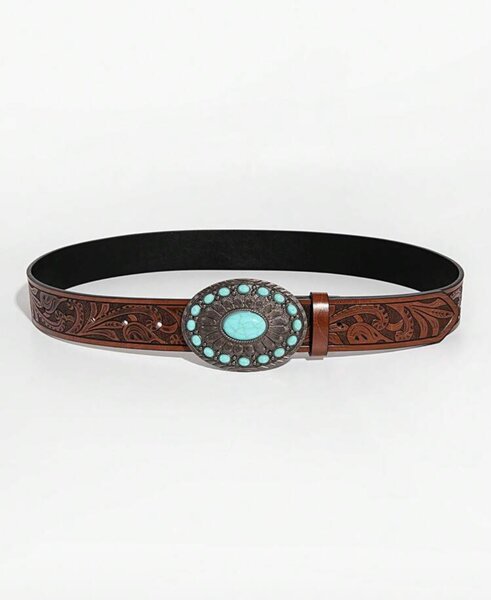 Ceinture en cuir gravé turquoise
