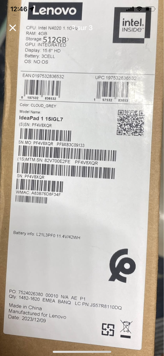 Lenovo CPU: Intel N4020 1.1Gilzsur 3 RAM: 4GB Storage: 512GB