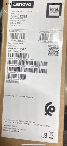 Lenovo CPU: Intel N4020 1.1Gilzsur 3 RAM: 4GB Storage: 512GB