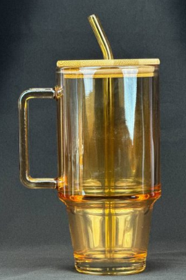Vintage Plain Drinking Glass Cup with Bamboo Lid and Glass Straw