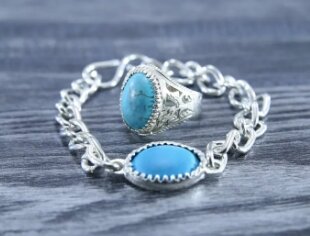 Blue Oval Feroza Stone Royal Silver Plated Ring and Bracelet
