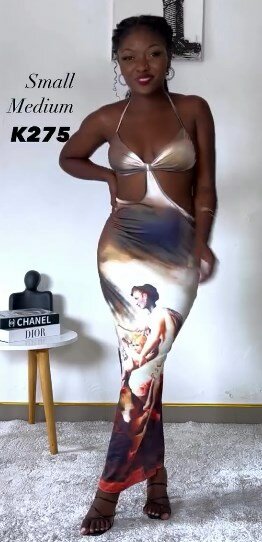 Maxi dress, print, stretch, cutout under the bust