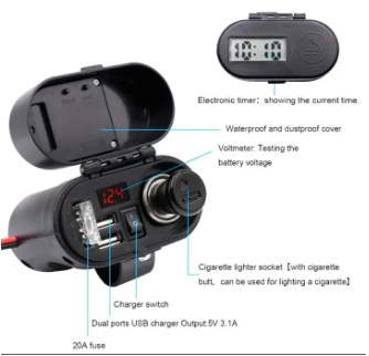 Cigarette Lighter Socket Dual USB Quick Charger Voltmeter Digital Clock Switch Control Waterproof