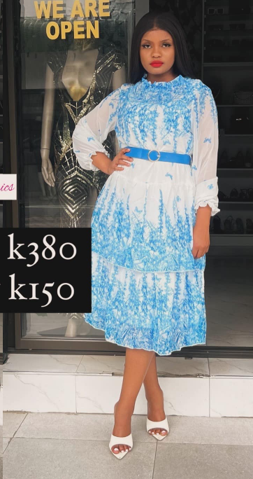 Blue and white long sleeve dress with belt