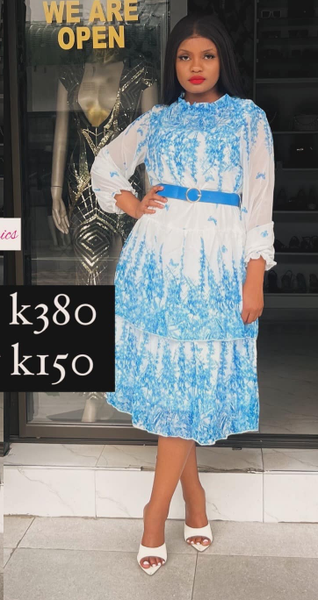 Blue and white long sleeve dress with belt