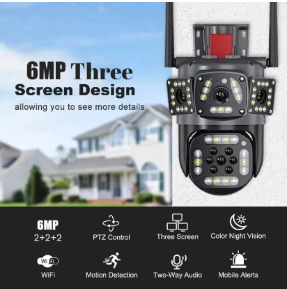 Speed-X Ptz Wifi Outdoor Security 3 Camera Lens, 3 Screen, Color Night Vision Auto Tracking, Waterproof, (2+2+2) 6mp With V380 Pro App