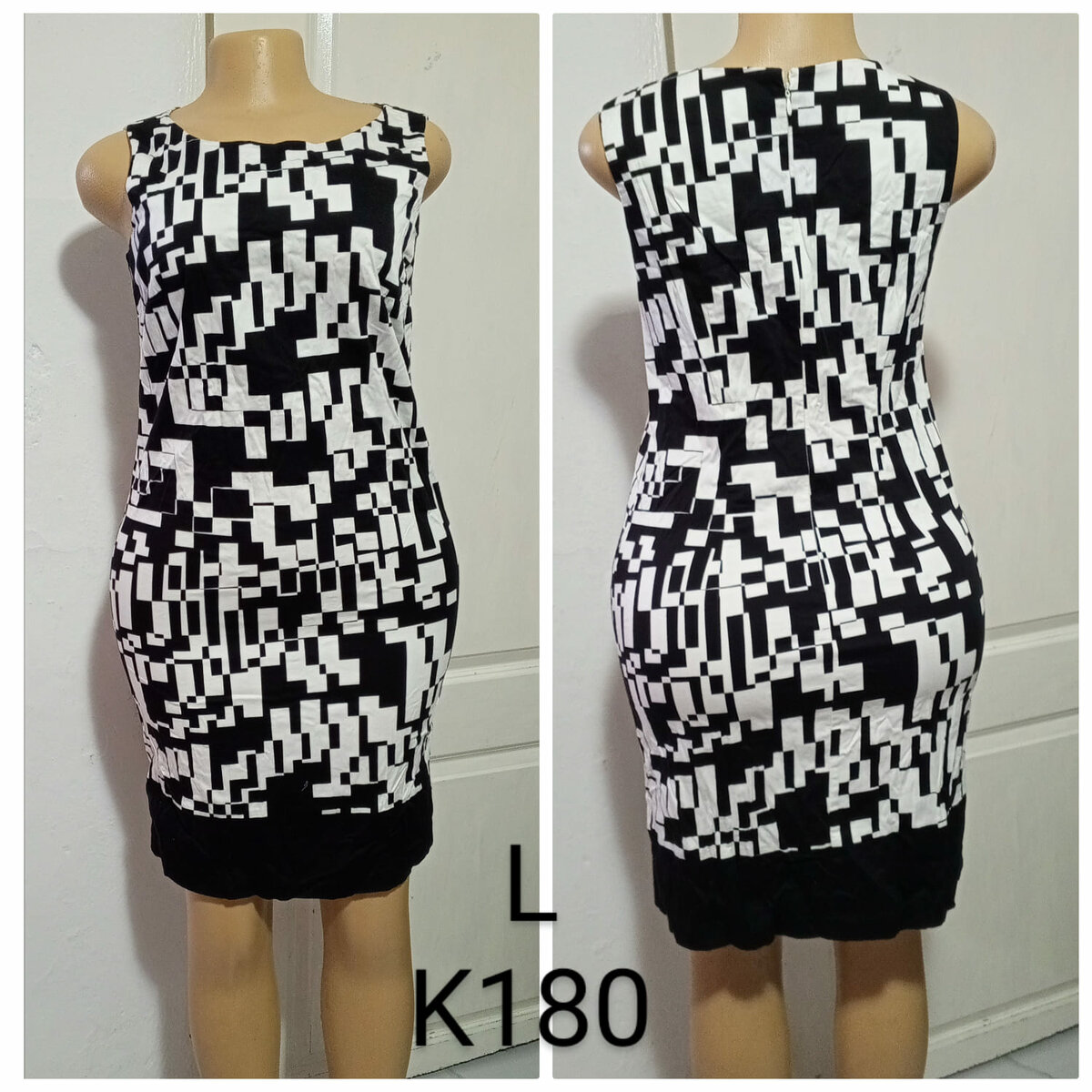 Women's dress with black and white print, size L