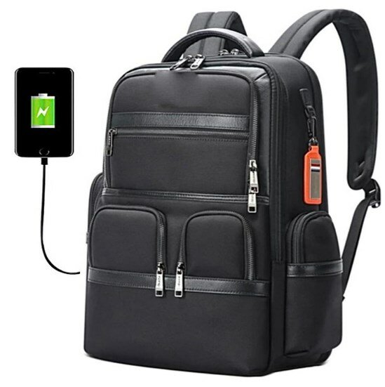 Black backpack with phone charger