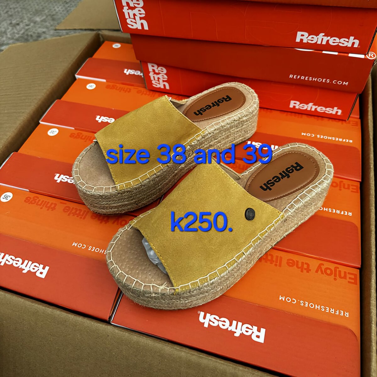 Mustard colored suede high sole flip flops