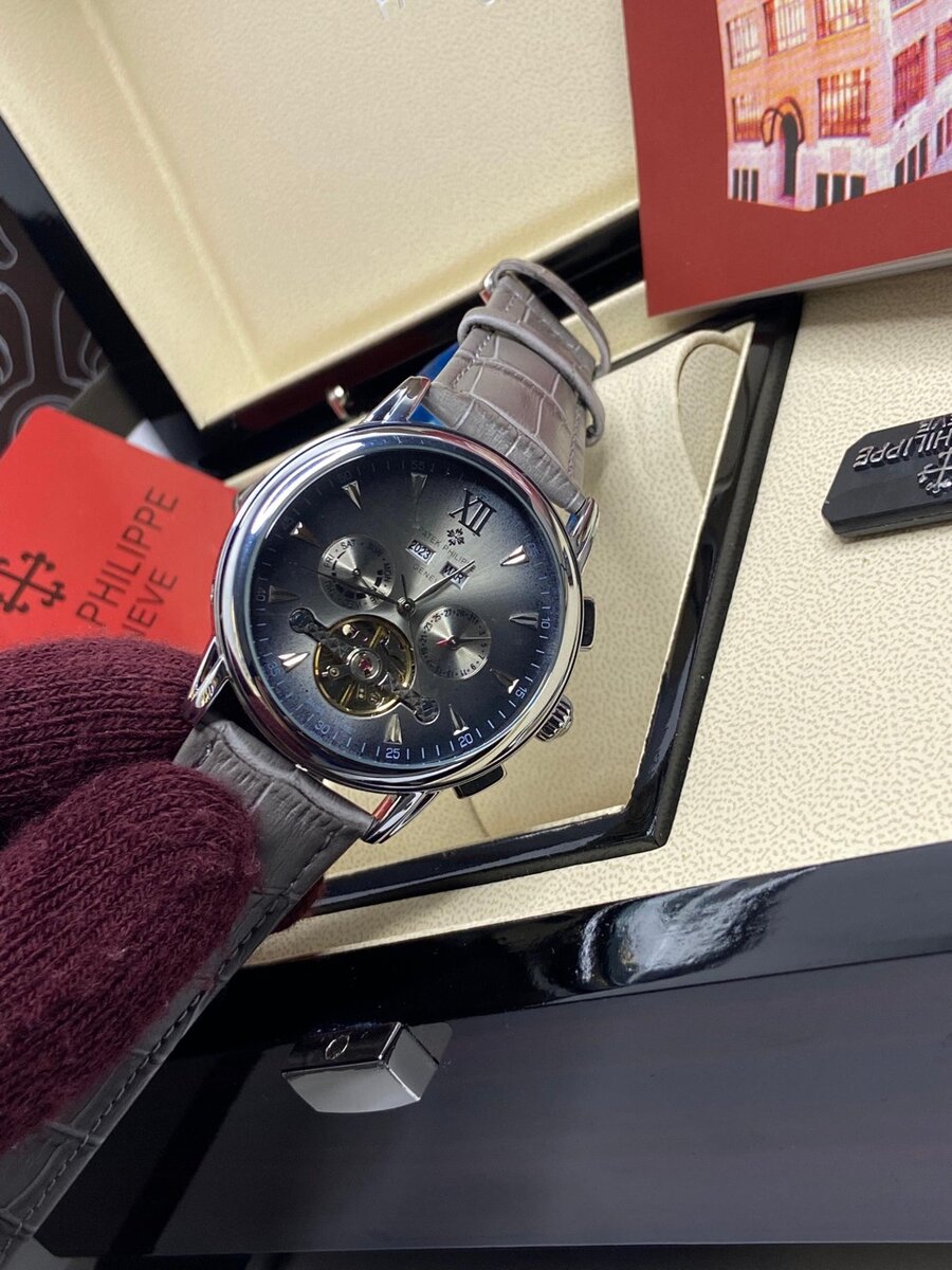 Grey Leather Strap Patek Philippe Mechanical Watch