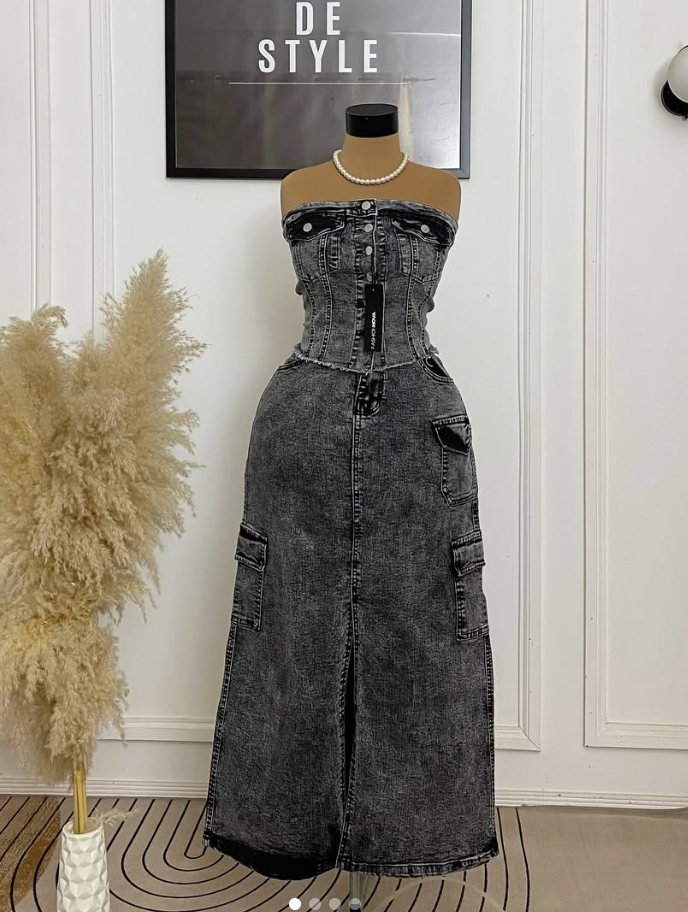 ZARA MEETS FASHION NOVA DENIM CARGO TWO PIECE SET