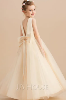 Ball-Gown/Princess Floor-length Flower Girl Dress - Silk And Net /Tulle Sleeveless Scoop Neck With Beading/Bow ( Fabric Net And Silk) ( Size 03 Month To 16 Yrs)