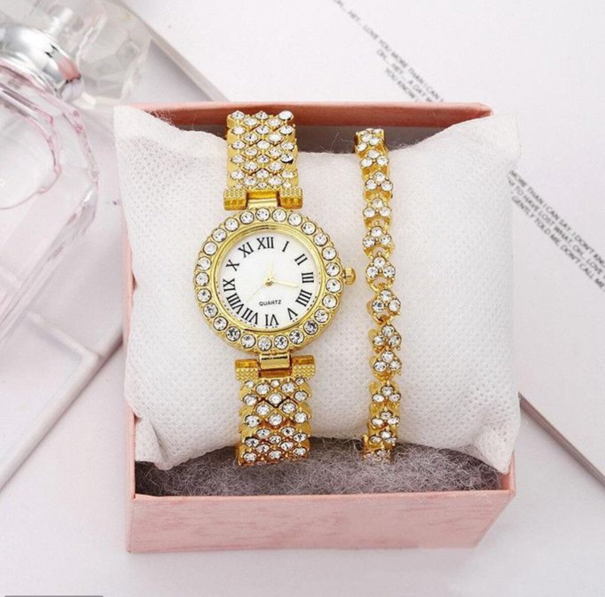 Elegant Studed Ladies Wristwatch With Hand ChainGold Bracel.