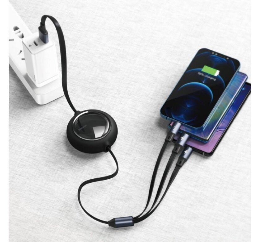 Câble Baseus 3en1 Rétractable, USB 100/66W Charge Rapide (CA