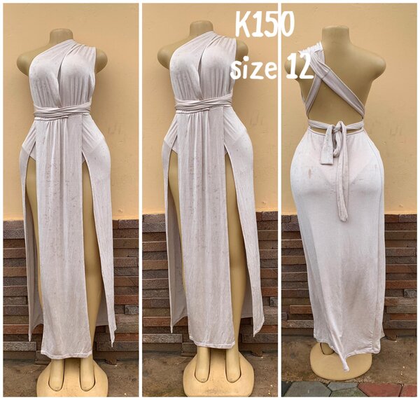 Elegant beige dress with deep necklines on the sides and back 12