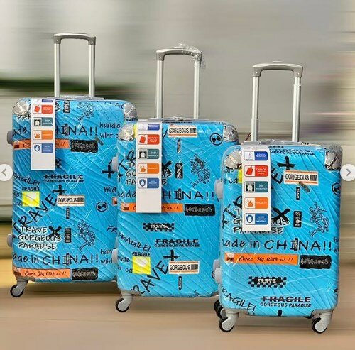 Set of 3 suitcases, turquoise with print
