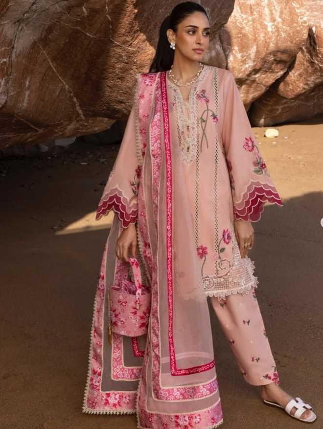 Elegant pale pink suit with floral embroidery and transparent dupatta