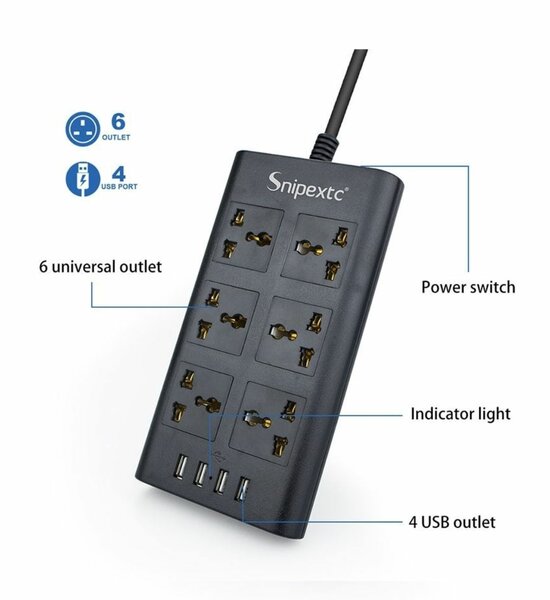 10A 6-OUTLETS & 4USB SMART CHARGING PORTS 2M POWER STRIP