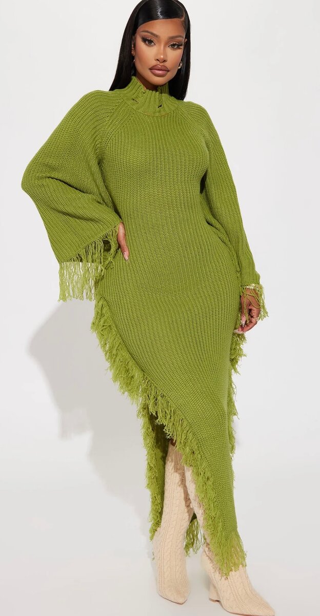 Robe Pull Vert à Franges