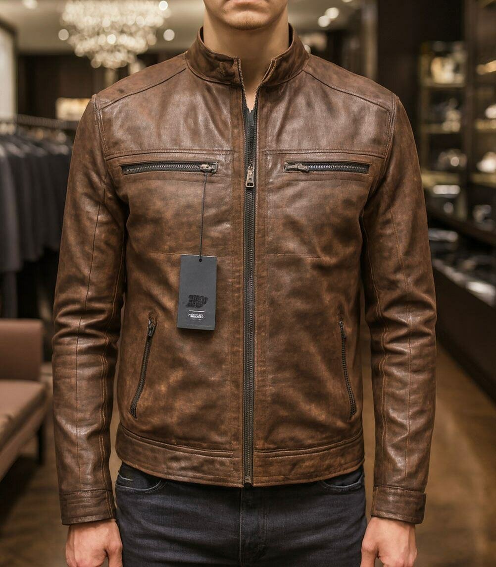 Manteau en cuir marron BOKATIESETH pour homme