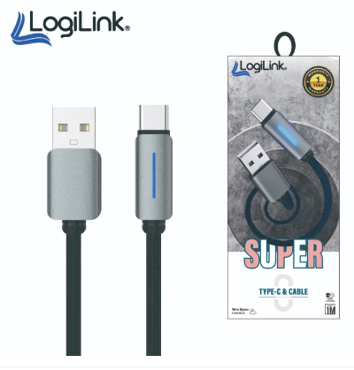 Logilink Usb To Type C Nylon Fast Charging Data Cable With Light 1m (1 Year Warranty) Black