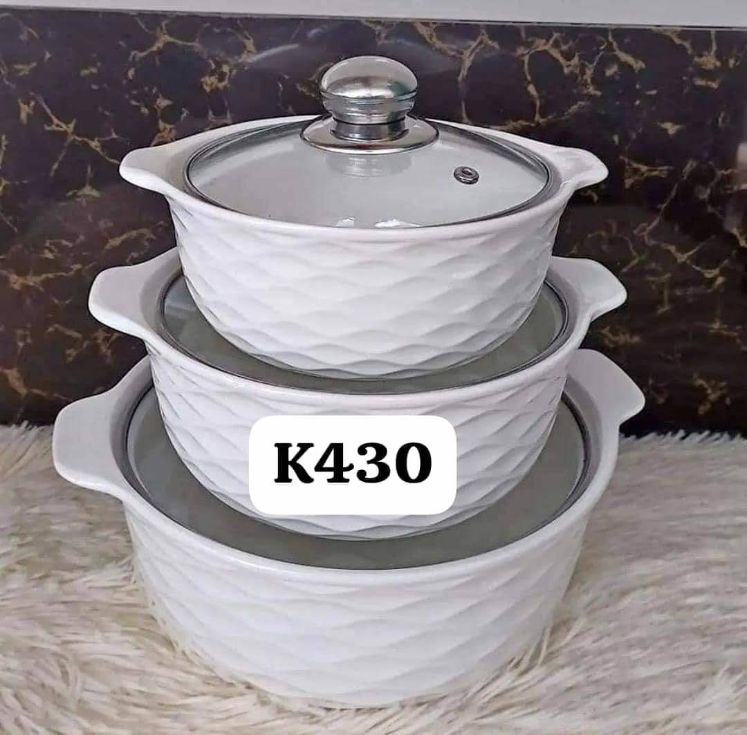 Ceramic cooking pot with glass lid, 3pcs, white
