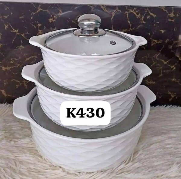 Ceramic cooking pot with glass lid, 3pcs, white