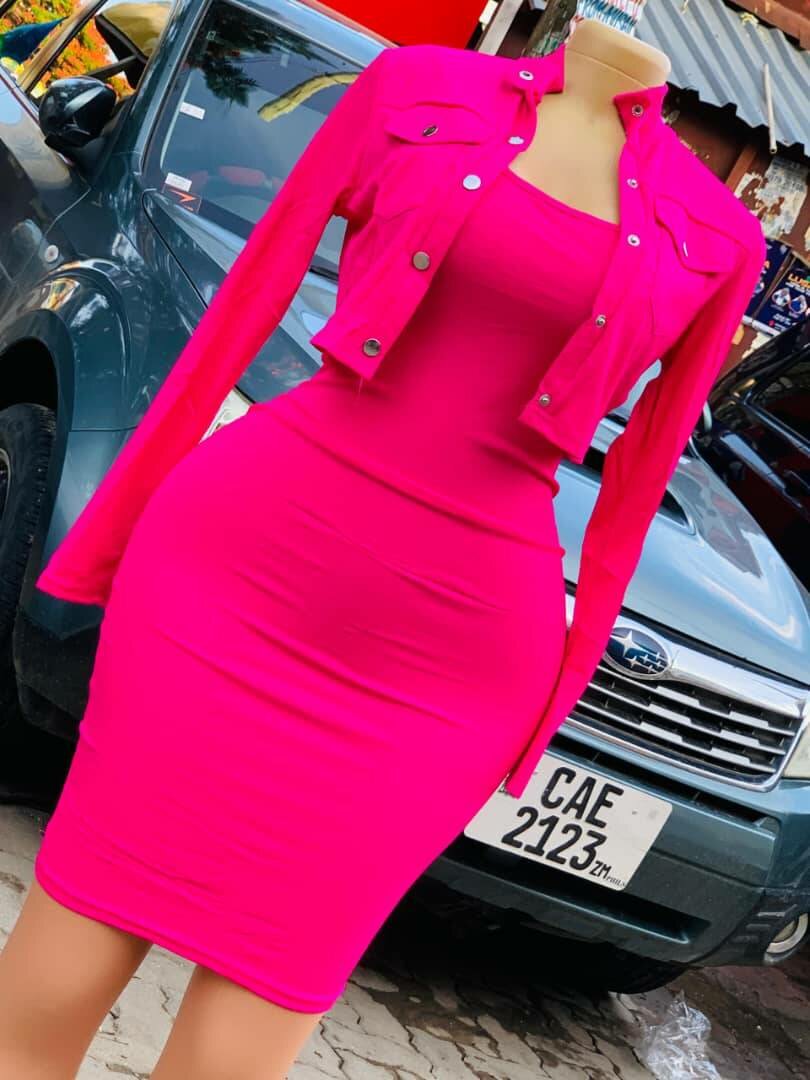 Suit dress bright pink, cropped jacket with buttons