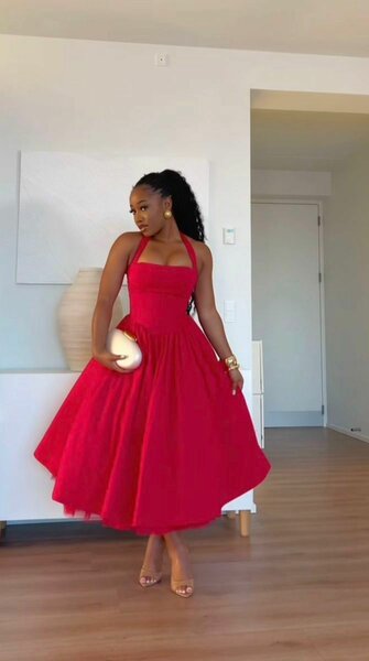 Red Halter Neck Midi Dress for Women