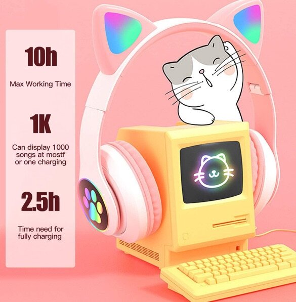 KERHAND Cute Cat Ear Bluetooth Headphones with LED Lights an