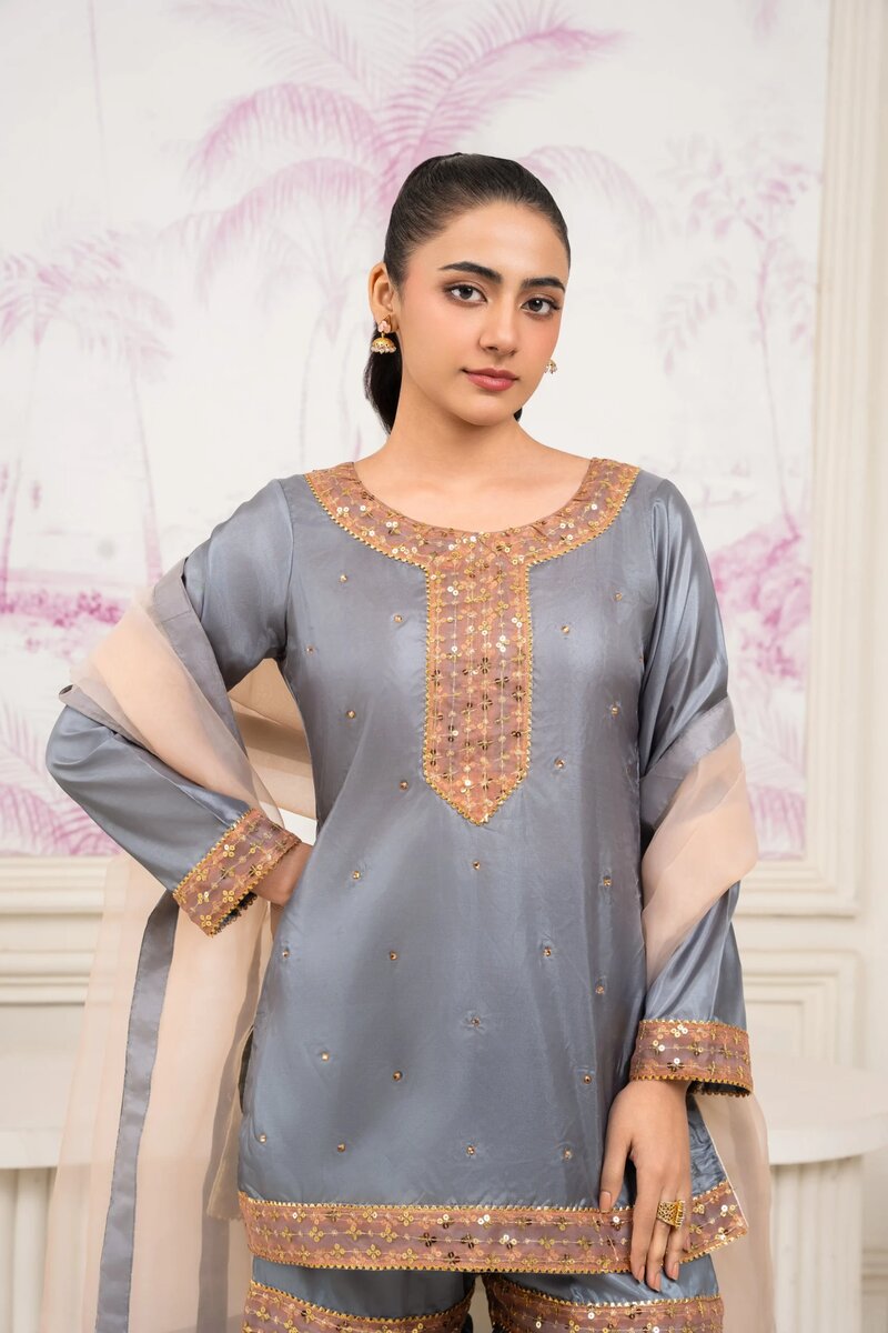 3 Piece Grey Silk Gharara Set