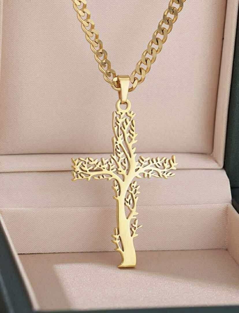 Collier croix arbre doré élégant