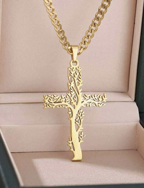 Collier croix arbre doré élégant