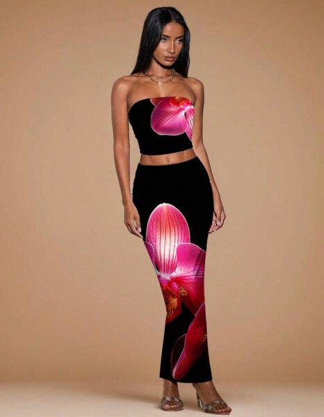 Ensemble Jupe Top Fleuri Élegant