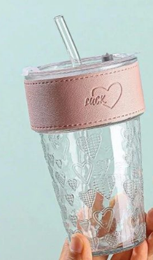 Only Mine Embossed Glass Tumbler with Leather Band, Splash-Proof Lid and Reusable Glass Straw
