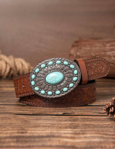 Ceinture cuir gravée avec boucle turquoise