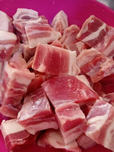 Fresh and grilled pork meat and sausages