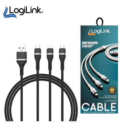 Logilink 3in1 Usb To Micro/type C/iphone Nylon Data Cable 3a Fast Charging 1m 1 Year Warranty Black