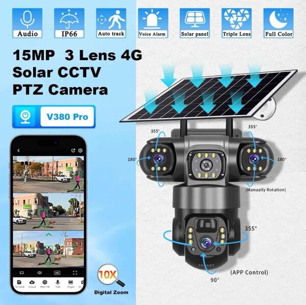 Caméra de surveillance solaire 4G PTZ 15MP - 3 objectifs