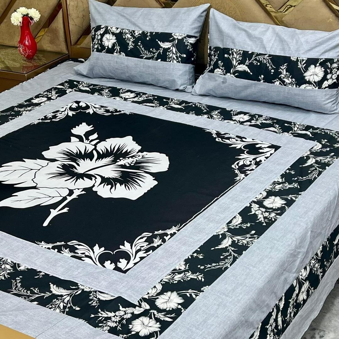 Stylish double bed sheet set 3 pcs cotton printed  in Grey