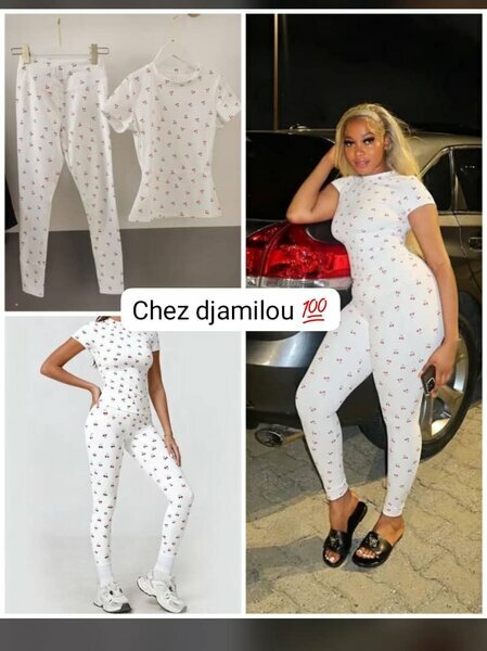 Ensemble pantalon et t-shirt blanc motifs