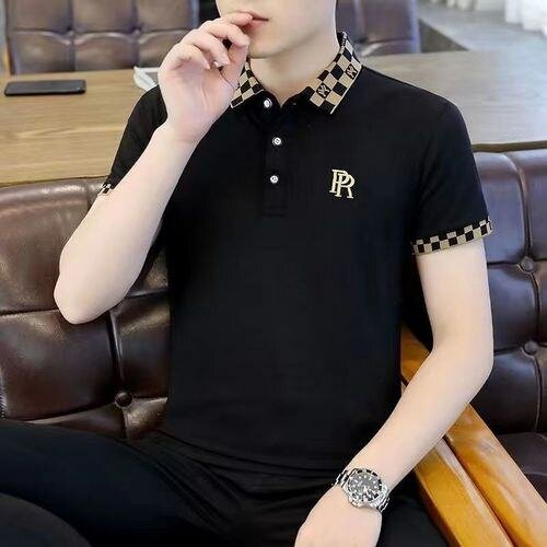 Fashion Men's Fashion Casual Embroidered Polo T-shirt - Blac
