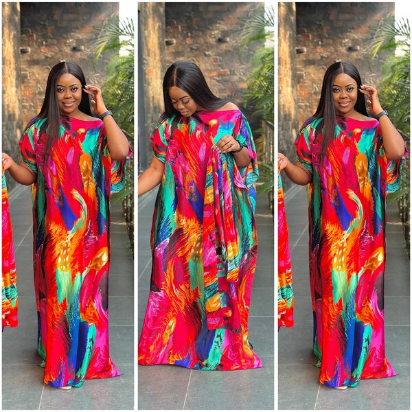 Tunic dress, maxi, with multicolor print