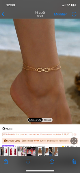 Bracelet de cheville infini doré