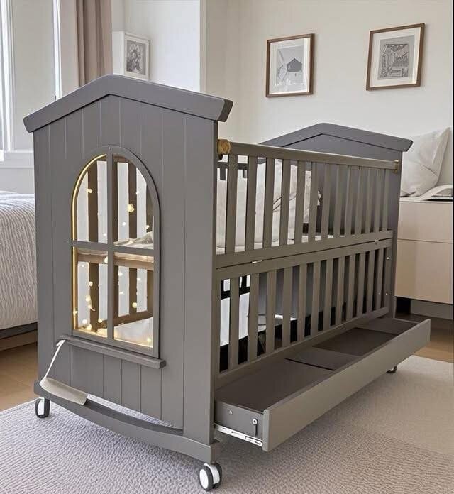 Lit bébé gris avec rangement