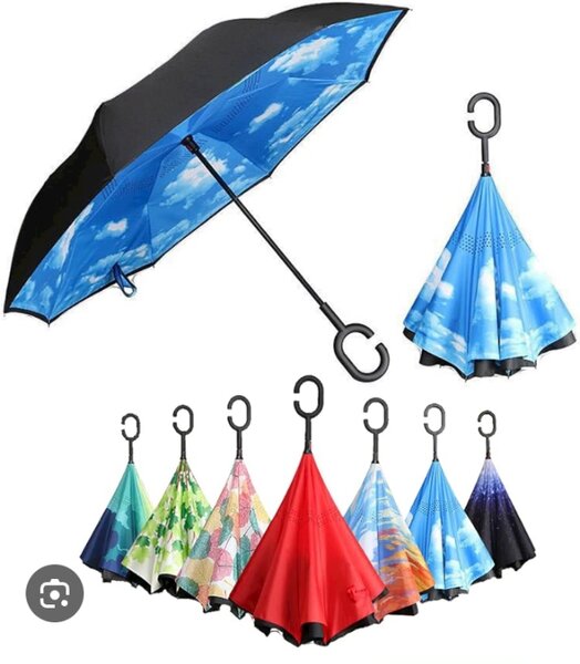 Parapluie inversé double couche avec poignée en forme de C