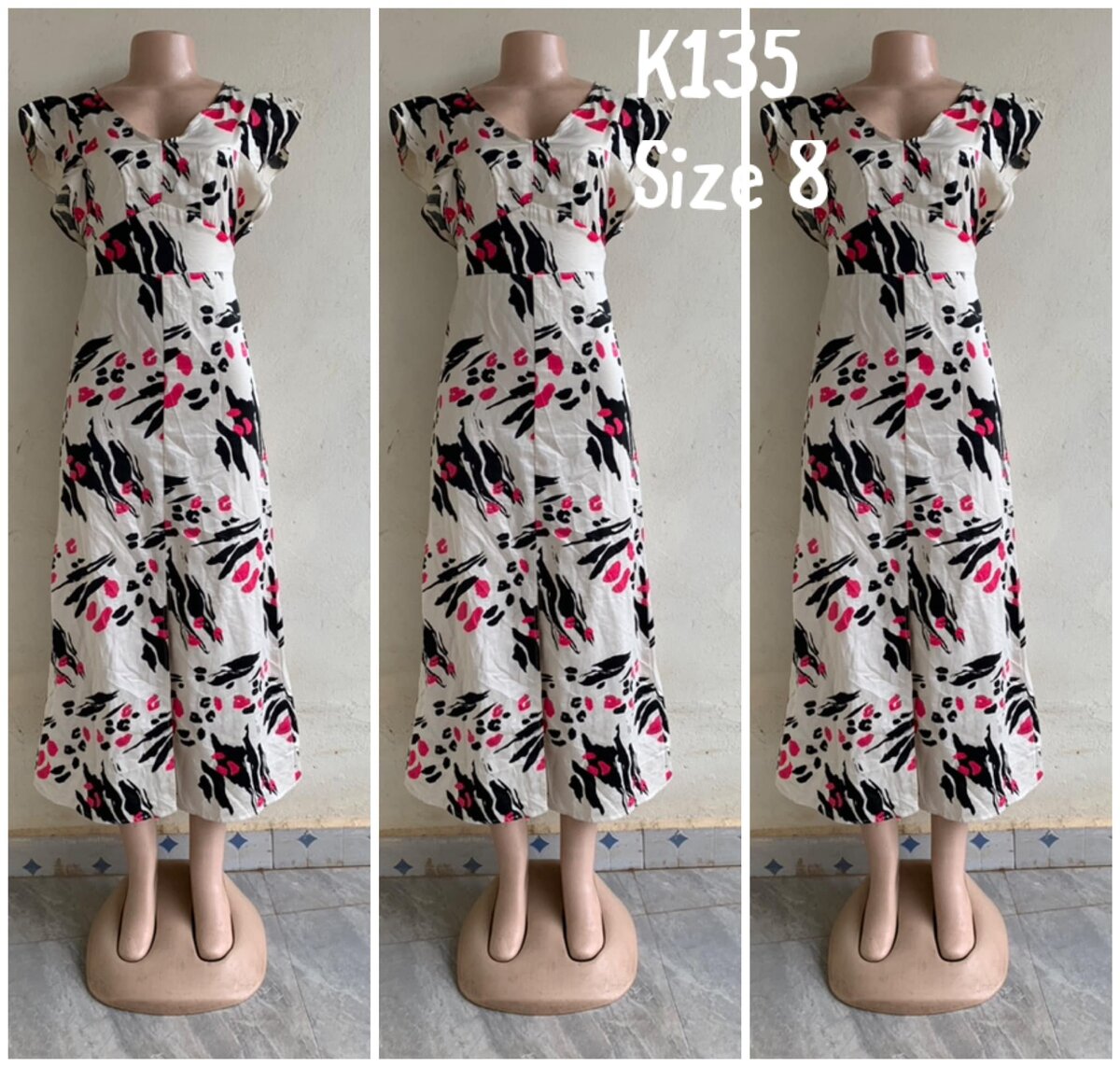 Maxi dress white with print, size 8