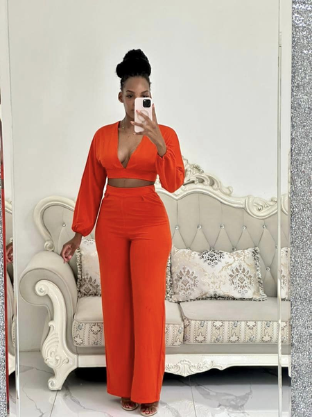 orange velvet top and pants