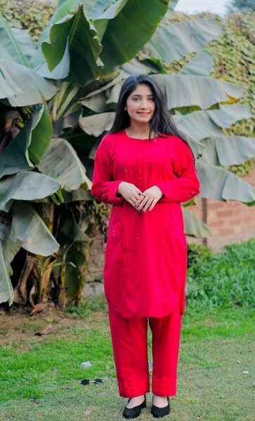 2 Piece Vibrant Red Cotton Suit with Embroidered